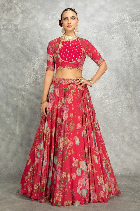 Buy Tanu Malhotra Pink Georgette, Organza Embroidery, Mirrors Floral Print Lehenga Set Buy_Tanu Malhotra_Pink Georgette, Organza Embroidery, Mirrors Floral Print Lehenga Set