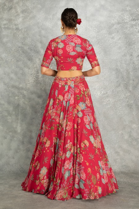 Shop Tanu Malhotra Pink Georgette, Organza Embroidery, Mirrors Floral Print Lehenga Set at Aza Fashions Shop_Tanu Malhotra_Pink Georgette, Organza Embroidery, Mirrors Floral Print Lehenga Set _at_Aza_Fashions