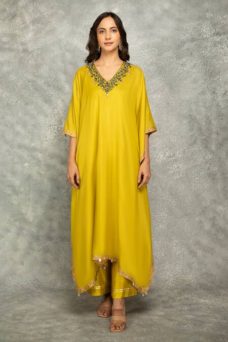 Tanu Malhotra Green Silk, Modal Gota Patti, Pearls V-neck Floral Embroidered Kaftan With Pant Online at Aza Fashions Tanu Malhotra_Green Silk, Modal Gota Patti, Pearls V-neck Floral Embroidered Kaftan With Pant_Online_at_Aza_Fashions