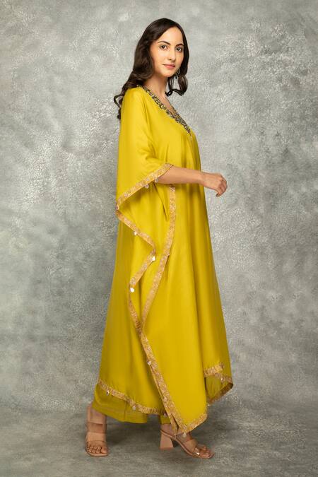 Shop Tanu Malhotra Green Silk, Modal Gota Patti, Pearls V-neck Floral Embroidered Kaftan With Pant Online at Aza Fashions Shop_Tanu Malhotra_Green Silk, Modal Gota Patti, Pearls V-neck Floral Embroidered Kaftan With Pant_Online_at_Aza_Fashions