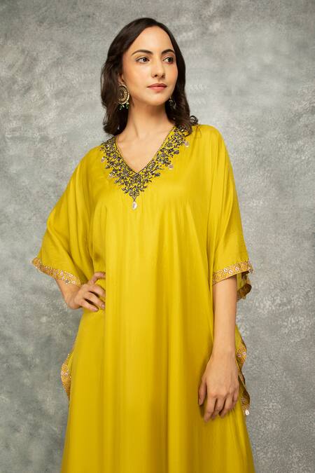 Tanu Malhotra Green Silk, Modal Gota Patti, Pearls V-neck Floral Embroidered Kaftan With Pant at Aza Fashions Tanu Malhotra_Green Silk, Modal Gota Patti, Pearls V-neck Floral Embroidered Kaftan With Pant_at_Aza_Fashions