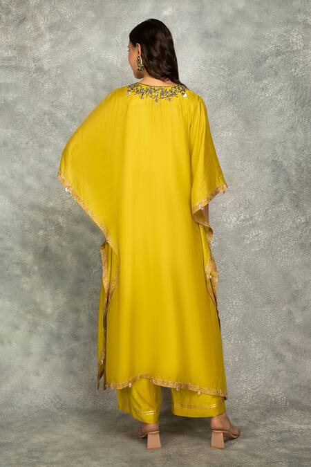 Shop Tanu Malhotra Green Silk, Modal Gota Patti, Pearls V-neck Floral Embroidered Kaftan With Pant at Aza Fashions Shop_Tanu Malhotra_Green Silk, Modal Gota Patti, Pearls V-neck Floral Embroidered Kaftan With Pant_at_Aza_Fashions