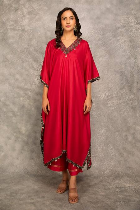 Buy_Tanu Malhotra_Pink Silk, Modal Gota Patti, Embroidery V-neck Floral Kaftan And Pant Set_Online_at_Aza_Fashions