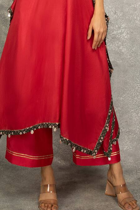 Shop_Tanu Malhotra_Pink Silk, Modal Gota Patti, Embroidery V-neck Floral Kaftan And Pant Set_Online_at_Aza_Fashions