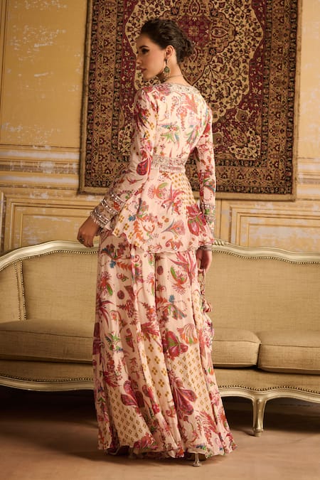 Shop Diyarajvvir Red Georgette, Linen Embroidery Plunge Flora Bloom Print And Kurti Sharara Set at Aza Fashions Shop_Diyarajvvir_Red Georgette, Linen Embroidery Plunge Flora Bloom Print And Kurti Sharara Set _at_Aza_Fashions