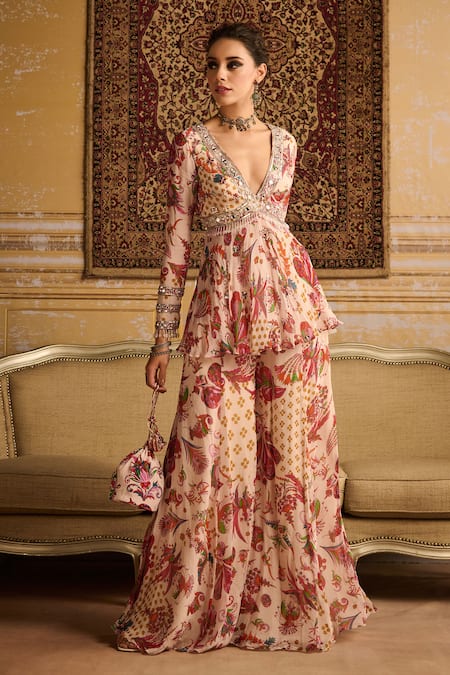 Buy Diyarajvvir Red Georgette, Linen Embroidery Plunge Flora Bloom Print And Kurti Sharara Set Online at Aza Fashions Buy_Diyarajvvir_Red Georgette, Linen Embroidery Plunge Flora Bloom Print And Kurti Sharara Set _Online_at_Aza_Fashions