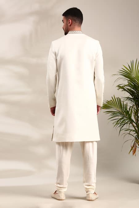 Mayank Modi - Men Ivory Thread Embroidered Sherwani & Churidar Set For Kids