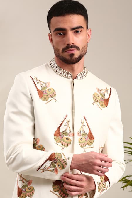 Mayank Modi - Men_Ivory Silk, Bamboo Embroidery Thread Sherwani And Churidar Set For Kids_Online_at_Aza_Fashions