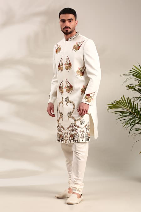 Shop_Mayank Modi - Men_Ivory Silk, Bamboo Embroidery Thread Sherwani And Churidar Set For Kids_Online_at_Aza_Fashions