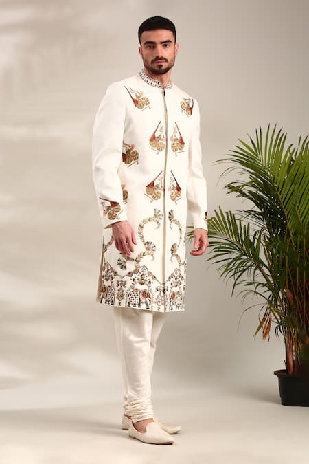 Mayank Modi - Men_Ivory Silk, Bamboo Embroidery Thread Sherwani And Churidar Set For Kids_at_Aza_Fashions