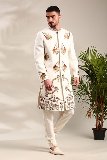 Buy_Mayank Modi - Men_Ivory Silk, Bamboo Embroidery Thread Sherwani And Churidar Set For Kids