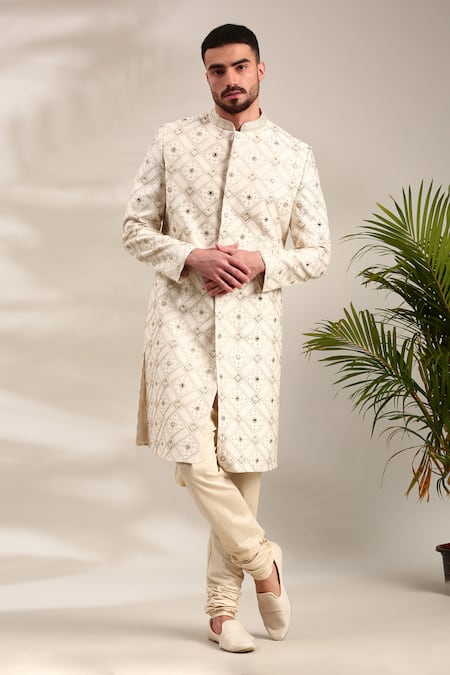 Mayank Modi - Men Geometric Embroidered Sherwani & Churidar Set 