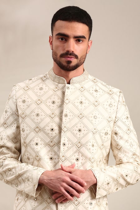 Mayank Modi - Men_Ivory Chanderi Embroidery Geometric Sherwani And Churidar Set _Online_at_Aza_Fashions