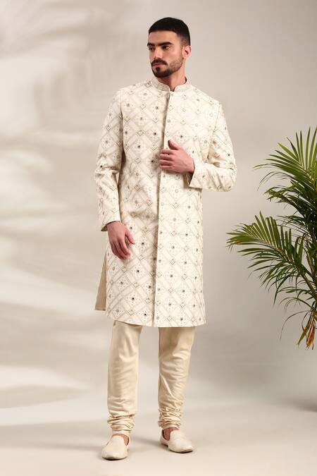 Buy_Mayank Modi - Men_Ivory Chanderi Embroidery Geometric Sherwani And Churidar Set _Online_at_Aza_Fashions