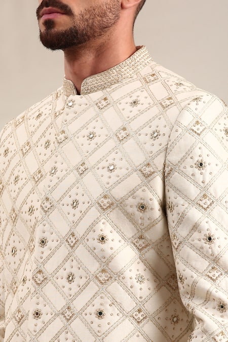 Shop_Mayank Modi - Men_Ivory Chanderi Embroidery Geometric Sherwani And Churidar Set _Online_at_Aza_Fashions