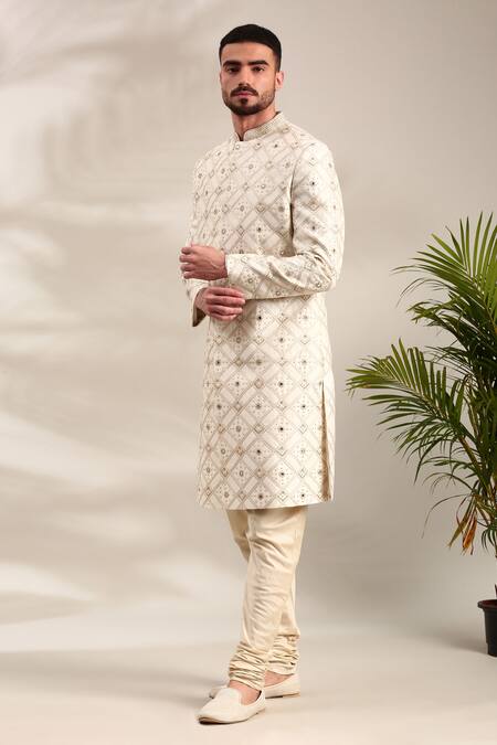 Mayank Modi - Men_Ivory Chanderi Embroidery Geometric Sherwani And Churidar Set _at_Aza_Fashions