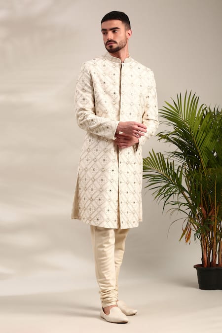 Buy_Mayank Modi - Men_Ivory Chanderi Embroidery Geometric Sherwani And Churidar Set 