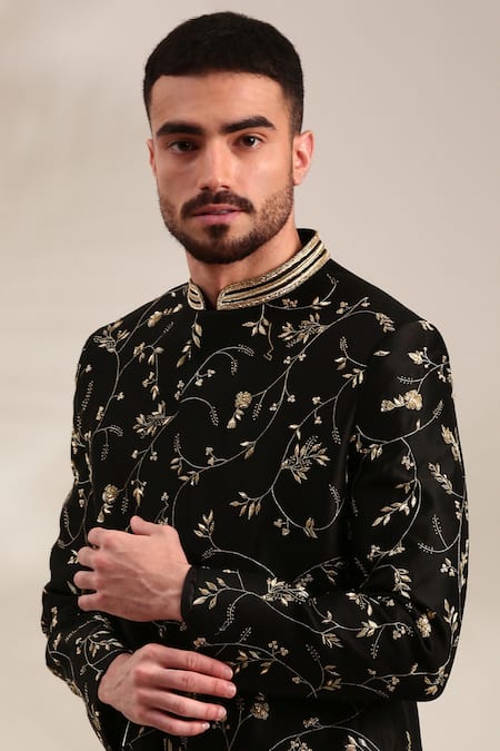 Mayank Modi - Men_Black Chanderi Sequins, Embroidery Floral Sherwani And Churidar Set For Kids_Online_at_Aza_Fashions