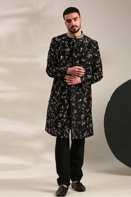 Buy_Mayank Modi - Men_Black Chanderi Sequins, Embroidery Floral Sherwani And Churidar Set For Kids_Online_at_Aza_Fashions