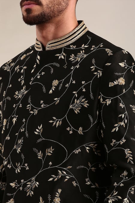 Shop_Mayank Modi - Men_Black Chanderi Sequins, Embroidery Floral Sherwani And Churidar Set For Kids_Online_at_Aza_Fashions