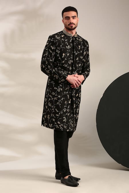 Mayank Modi - Men_Black Chanderi Sequins, Embroidery Floral Sherwani And Churidar Set For Kids_at_Aza_Fashions