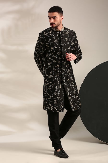 Buy_Mayank Modi - Men_Black Chanderi Sequins, Embroidery Floral Sherwani And Churidar Set For Kids
