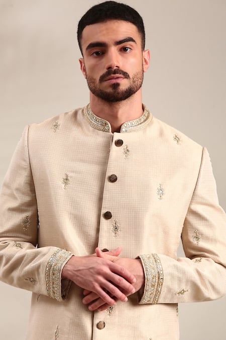 Buy_Mayank Modi - Men_Gold Chanderi Mirrors, Embroidery And Thread Sherwani Set For Kids_Online_at_Aza_Fashions