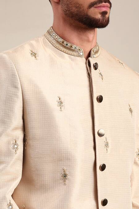 Shop_Mayank Modi - Men_Gold Chanderi Mirrors, Embroidery And Thread Sherwani Set For Kids_Online_at_Aza_Fashions