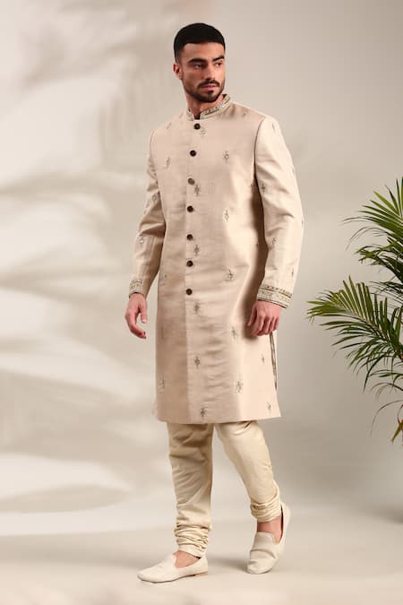 Mayank Modi - Men_Gold Chanderi Mirrors, Embroidery And Thread Sherwani Set For Kids_at_Aza_Fashions