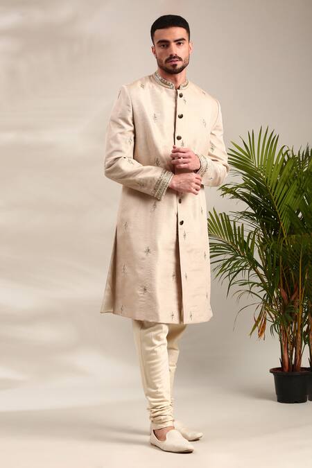 Buy_Mayank Modi - Men_Gold Chanderi Mirrors, Embroidery And Thread Sherwani Set For Kids