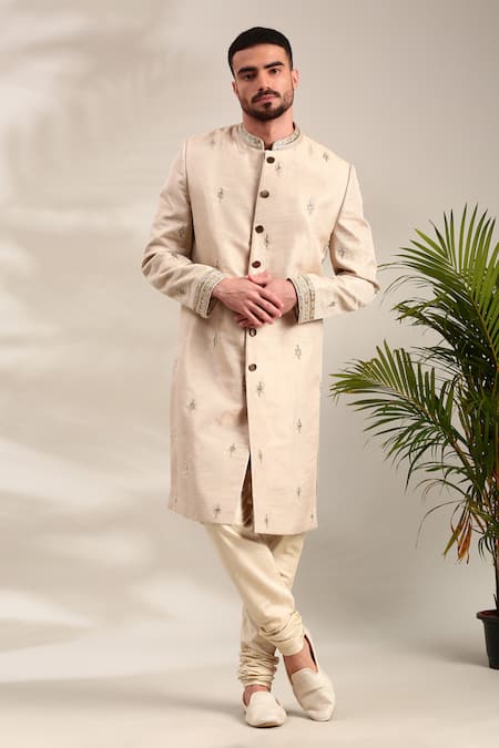 Shop_Mayank Modi - Men_Gold Chanderi Mirrors, Embroidery And Thread Sherwani Set For Kids