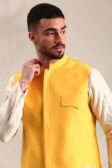 Mayank Modi - Men_Yellow Silk, Cotton Embroidery Floral Thread Bundi Set _Online_at_Aza_Fashions
