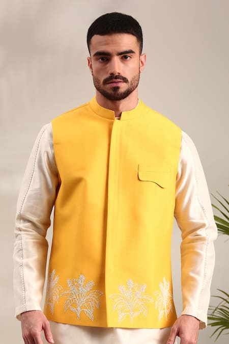 Buy_Mayank Modi - Men_Yellow Silk, Cotton Embroidery Floral Thread Bundi Set _Online_at_Aza_Fashions
