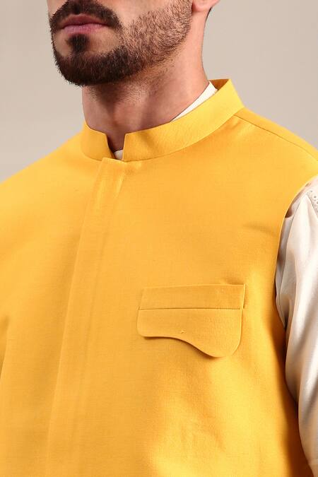 Shop_Mayank Modi - Men_Yellow Silk, Cotton Embroidery Floral Thread Bundi Set _Online_at_Aza_Fashions