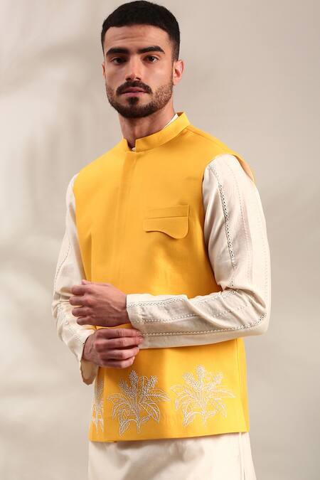 Mayank Modi - Men_Yellow Silk, Cotton Embroidery Floral Thread Bundi Set _at_Aza_Fashions