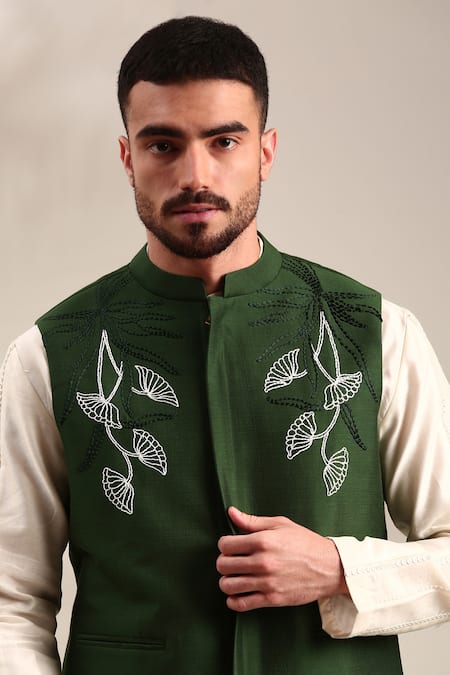 Mayank Modi - Men_Green Silk, Cotton Embroidery Floral Thread Bundi Set For Kids_Online_at_Aza_Fashions