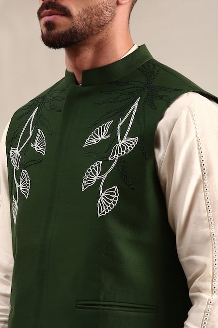 Shop_Mayank Modi - Men_Green Silk, Cotton Embroidery Floral Thread Bundi Set For Kids_Online_at_Aza_Fashions