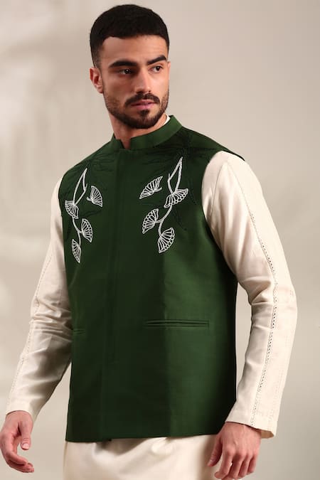 Mayank Modi - Men_Green Silk, Cotton Embroidery Floral Thread Bundi Set For Kids_at_Aza_Fashions