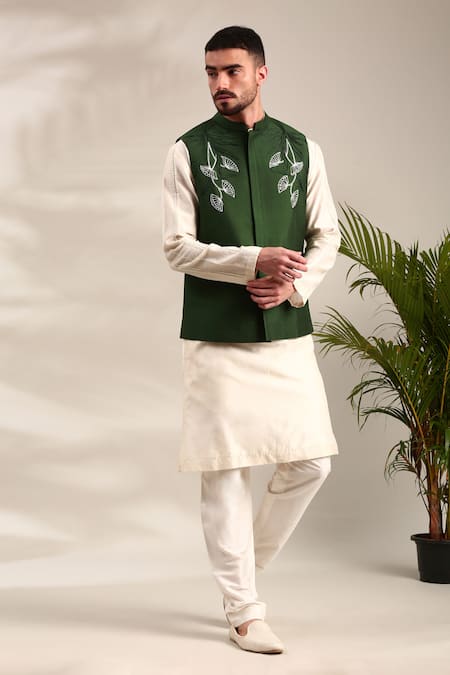 Shop_Mayank Modi - Men_Green Silk, Cotton Embroidery Floral Thread Bundi Set For Kids