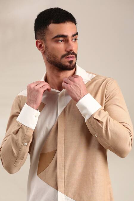 Mayank Modi - Men_Beige Cotton Geometric Pattern Shirt _Online_at_Aza_Fashions