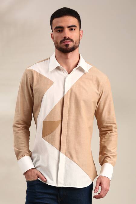 Buy_Mayank Modi - Men_Beige Cotton Geometric Pattern Shirt _Online_at_Aza_Fashions