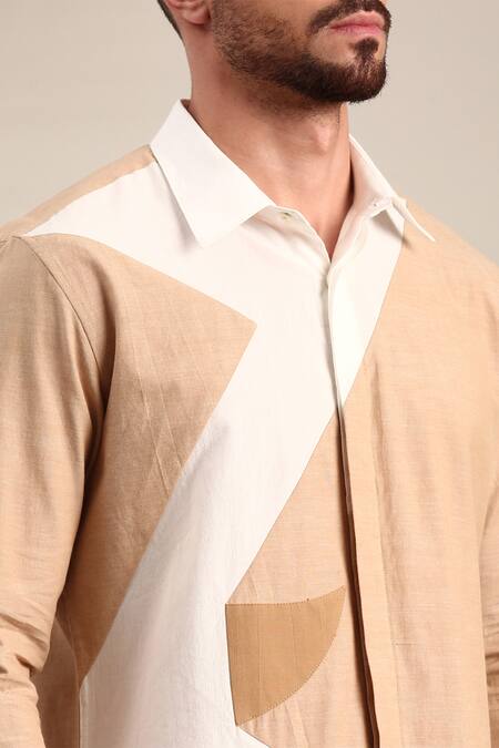 Shop_Mayank Modi - Men_Beige Cotton Geometric Pattern Shirt _Online_at_Aza_Fashions