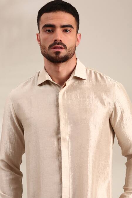 Mayank Modi - Men_Cream Bamboo Solid Bemberg Silk Shirt For Kids_Online_at_Aza_Fashions