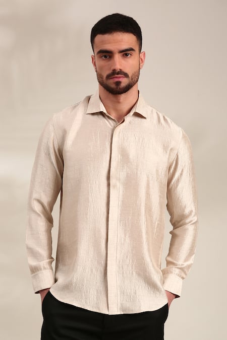 Buy_Mayank Modi - Men_Cream Bamboo Solid Bemberg Silk Shirt For Kids_Online_at_Aza_Fashions