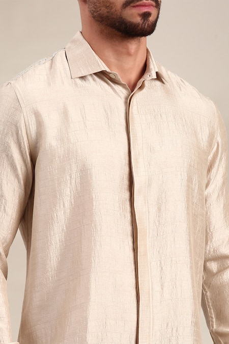 Shop_Mayank Modi - Men_Cream Bamboo Solid Bemberg Silk Shirt For Kids_Online_at_Aza_Fashions