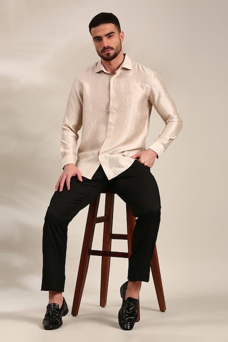 Mayank Modi - Men_Cream Bamboo Solid Bemberg Silk Shirt For Kids_at_Aza_Fashions