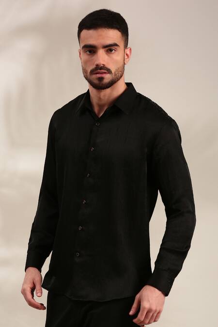 Shop_Mayank Modi - Men_Black Silk Embroidery Floral Embellished Shirt For Kids_Online_at_Aza_Fashions