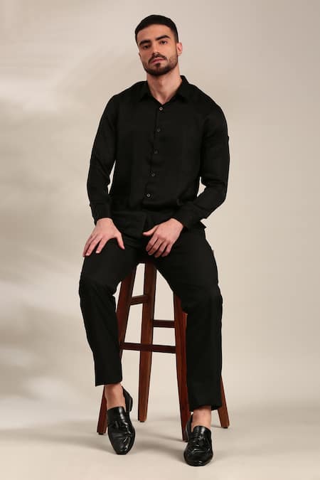 Mayank Modi - Men_Black Silk Embroidery Floral Embellished Shirt For Kids_at_Aza_Fashions