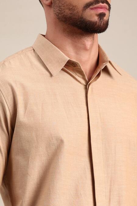 Buy_Mayank Modi - Men_Beige Cotton Embroidery Floral Thread Embellished Shirt For Kids_Online_at_Aza_Fashions