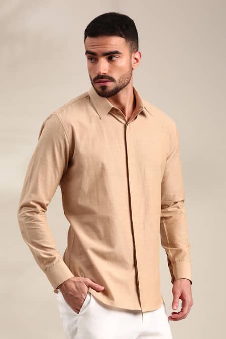 Shop_Mayank Modi - Men_Beige Cotton Embroidery Floral Thread Embellished Shirt For Kids_Online_at_Aza_Fashions